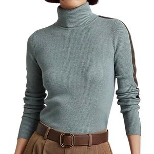 Lauren Ralph Lauren Faux Leather Trim Ribbed Sweater Teal Size XL Preppy